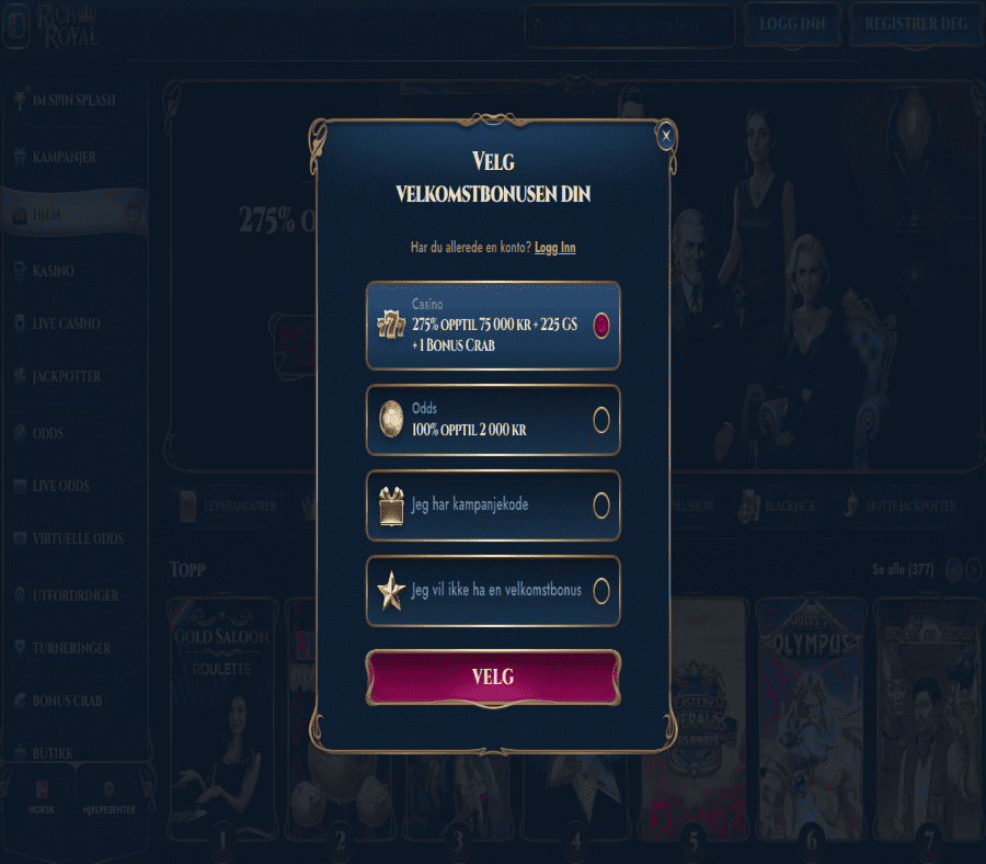 Det er en enkel og rask registrering hos kryptocasinoet Rich Royal