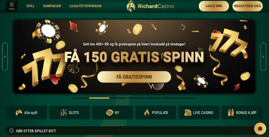 Forsiden til kryptocasinoet Richard Casino er enkel og oversiktlig