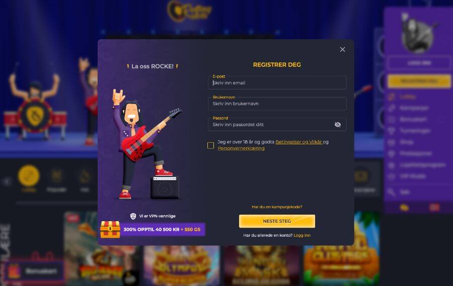 Registrering av en spillekonto hos RollingSlots