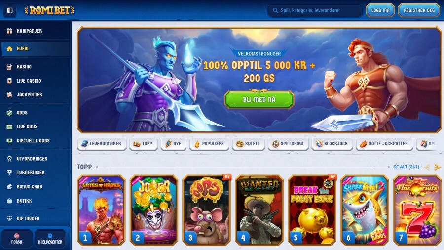 Romibet har en forside med fint design og en herlig velkomstbonus