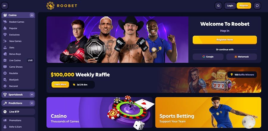 Roobet forside med casino og odds