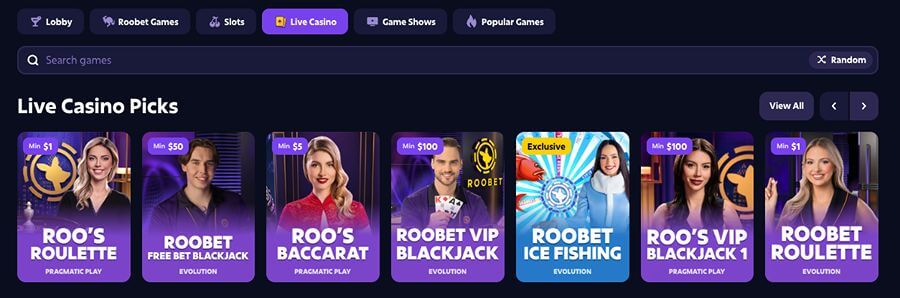 Roobet har et live casino med klassiske bordspill og live game show-spill