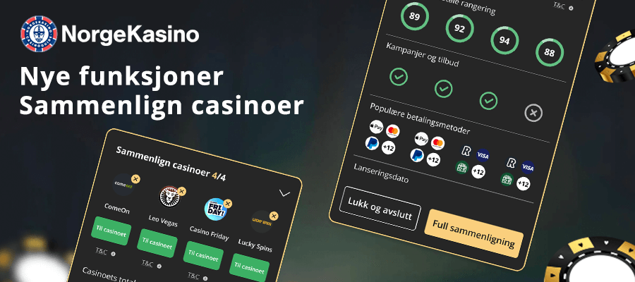 NorgeKasino har et eksklusivt og unikt sammenligningsverktøy som gjør at du kan sammenligne online casinoer basert på ulike kriterier