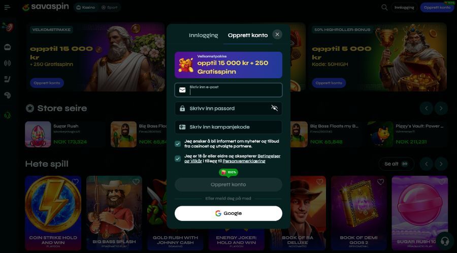 Registrering av en spillekonto hos Savaspin