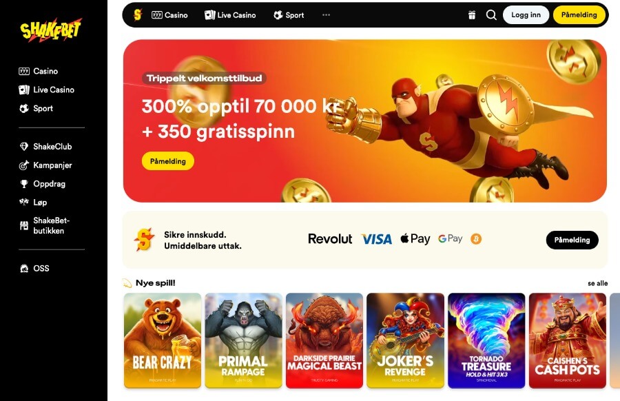 Shakebet forside med bonus