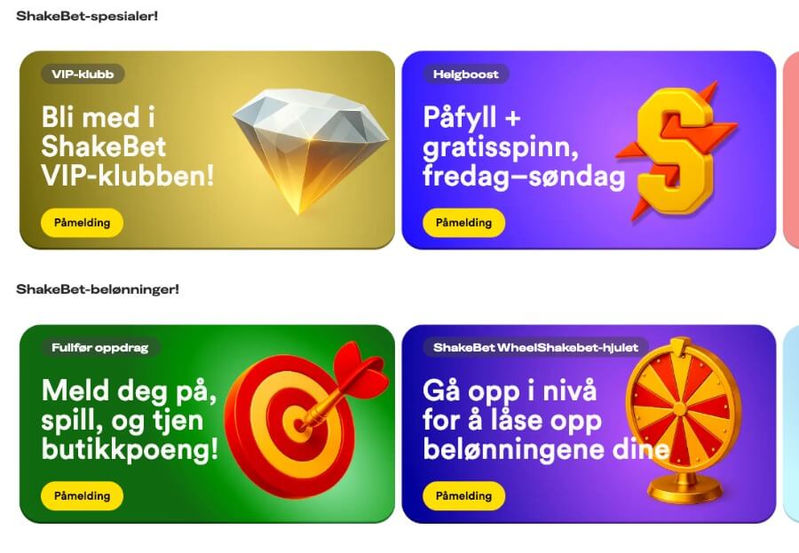 Shakebet har en kampanjeside med flere tilbud