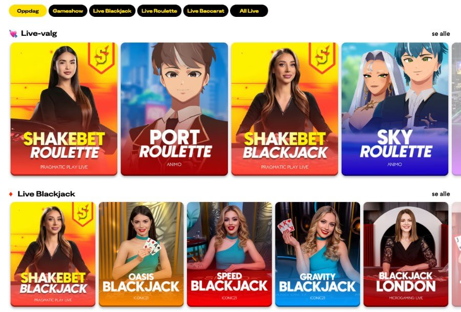 Shakebet har et live casino med klassiske bordspill og live game show-spill