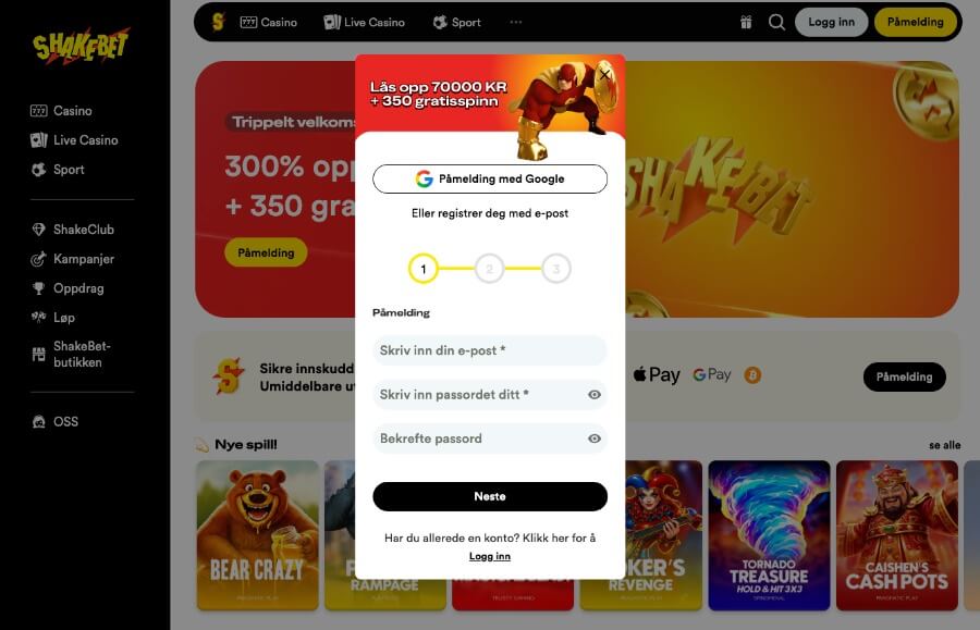 Shakebet registreringsprosess