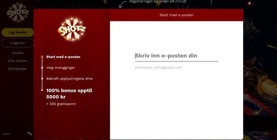 Registrering av en spillekonto hos Shotz er veldig enkelt