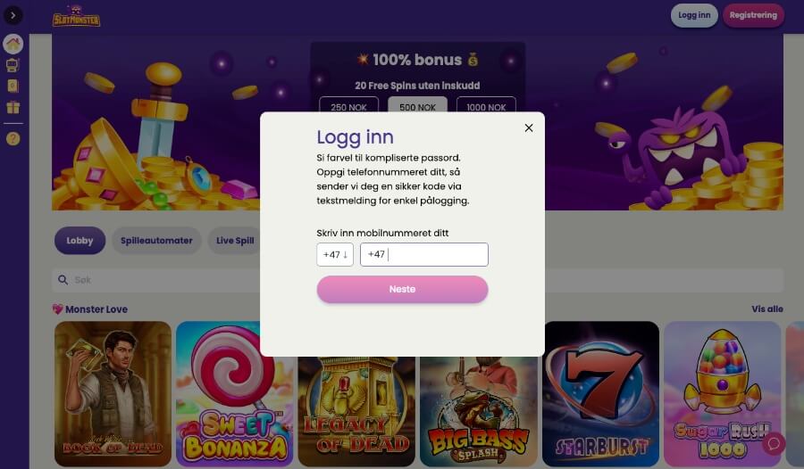 Det er enkelt og raskt å registrere en spillekonto hos SlotMonster