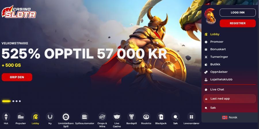 Slota Casino forside med bonus