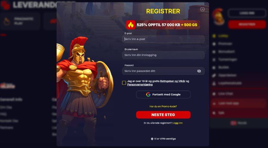 Slota Casino registreringsside
