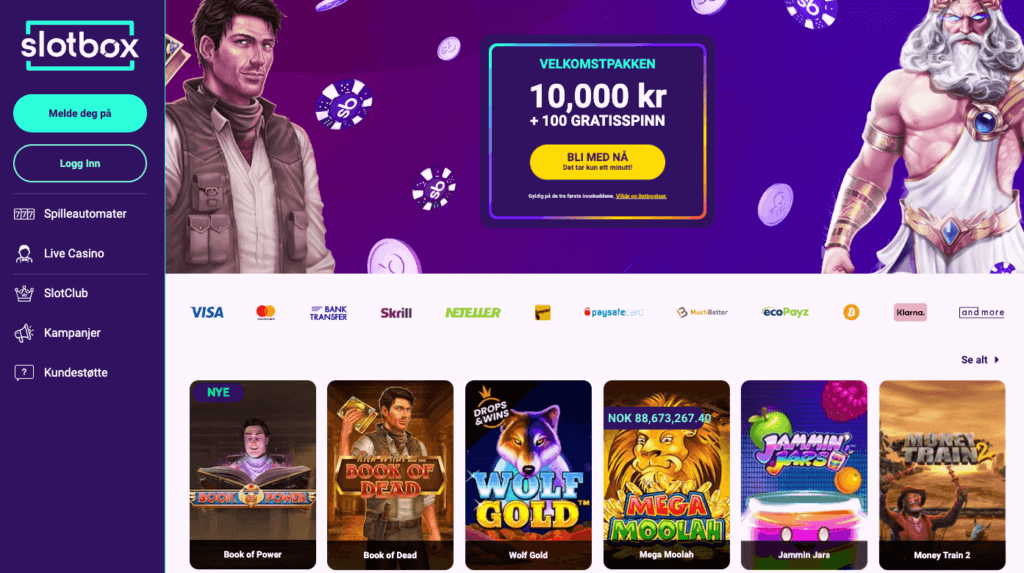 Forsiden til kryptocasinoet Slotbox