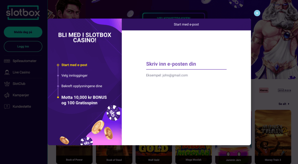 Registrering av en spillekonto hos Slotbox