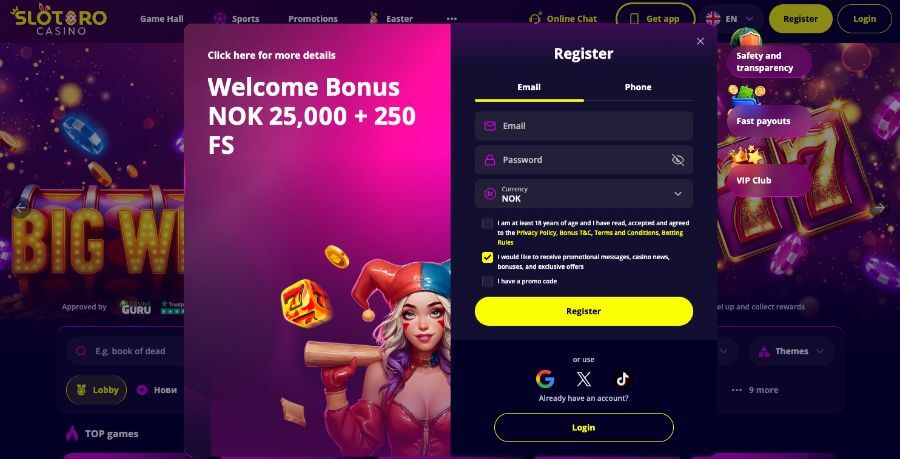 Registrering hos Slotoro