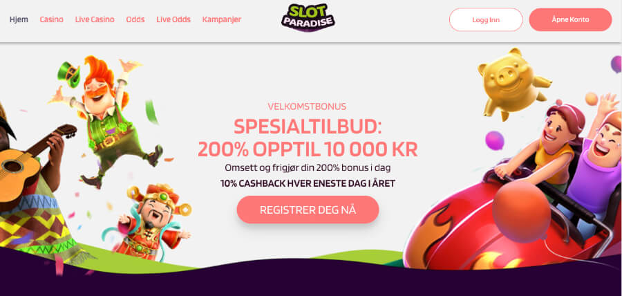 Forsiden til kryptocasinoet Slotparadise har et fargerikt design