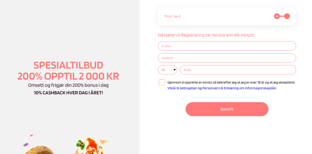 Registrering av en spillekonto hos Slotparadise
