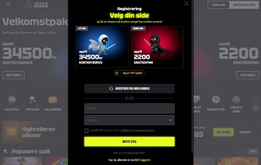 Registrering hos kryptocasinoet SlotsVader