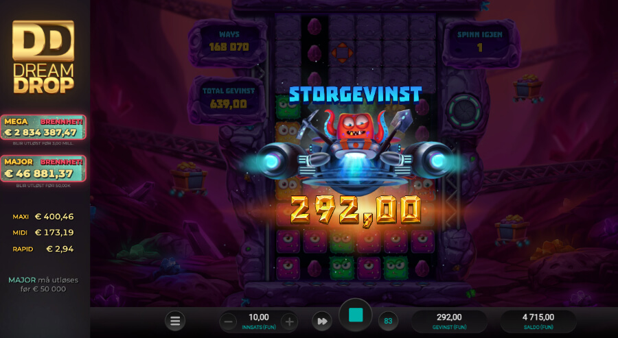 Spilleautomaten Space Miners Dream Drop kan enkelte ganger utbetale en storgevinst både i hovedspillet, free spins-runden eller i form av en progressiv jackpot