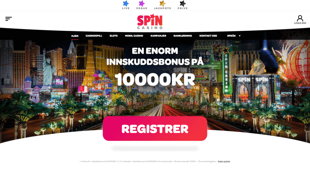 Forsiden til nettcasinoet Spin Casino