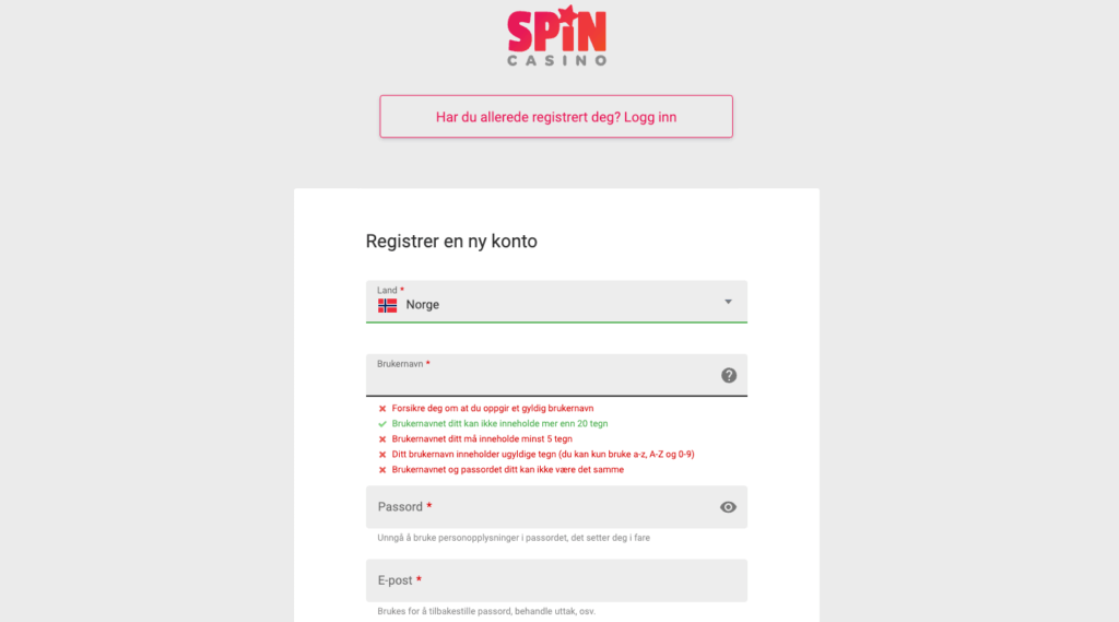 Registrering av en spillekonto hos Spin Casino