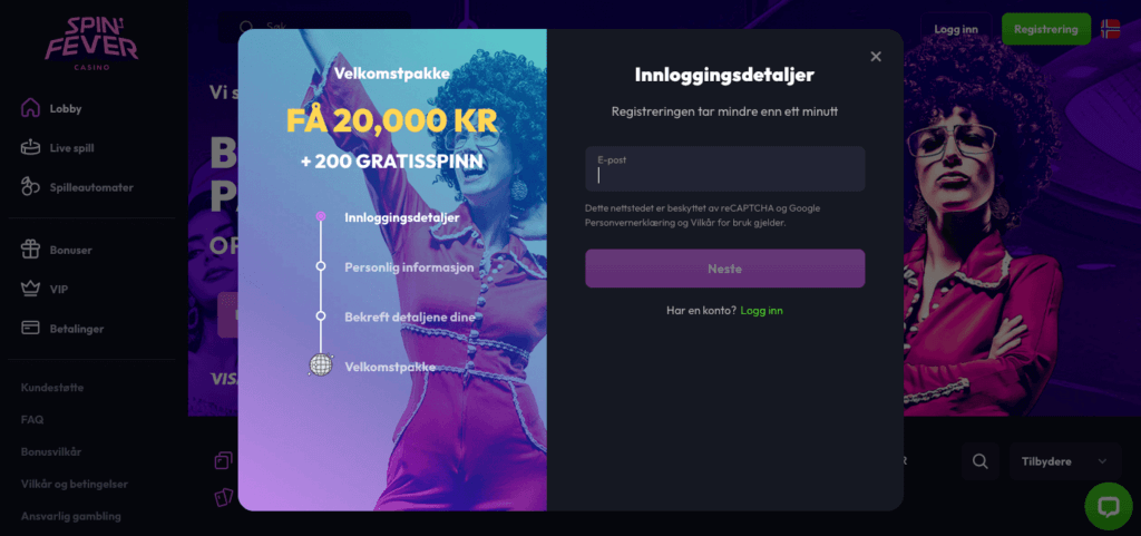 Registrering av en spillekonto hos Spin Fever