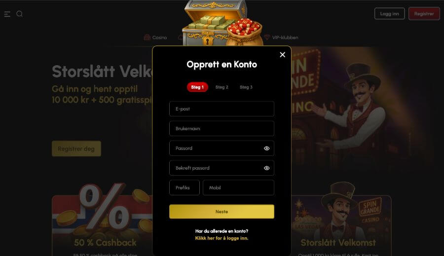 Registrering av en spillekonto hos SpinGrande
