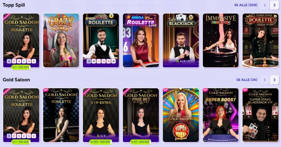 Spinbara har et live casino med klassiske bordspill og live game show-spill