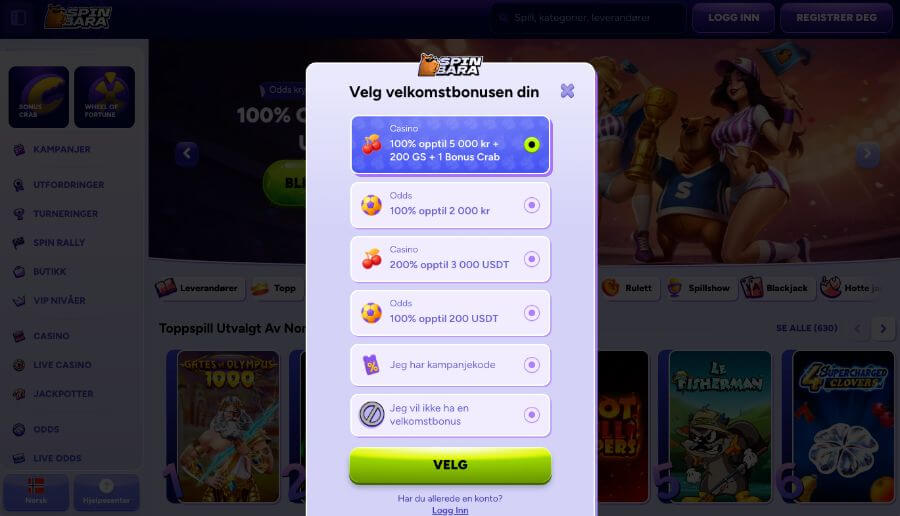 Registrering hos kryptocasinoet Spinbara