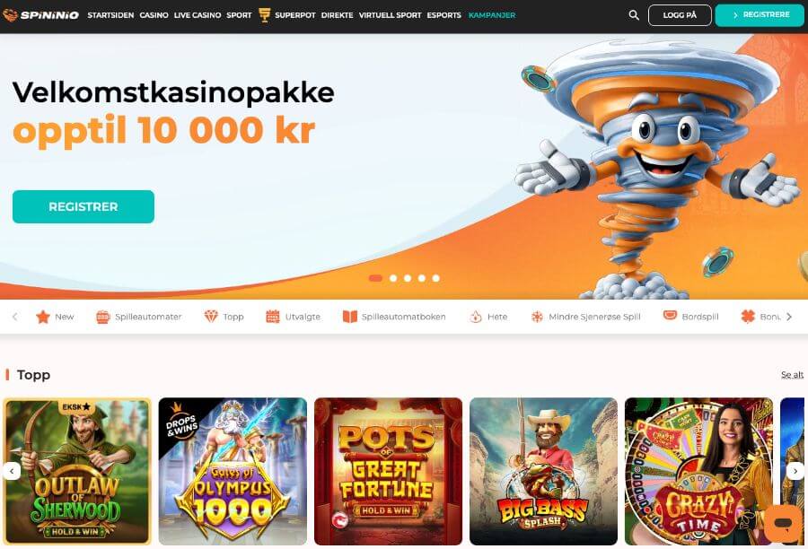 Forsiden til Spininio med den vanlige bonusen