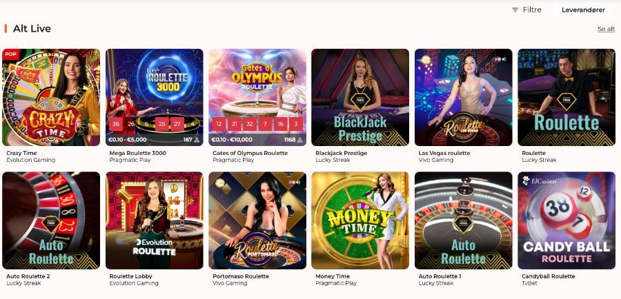 Spininio har et live casino med klassiske bordspill og live game show-spill