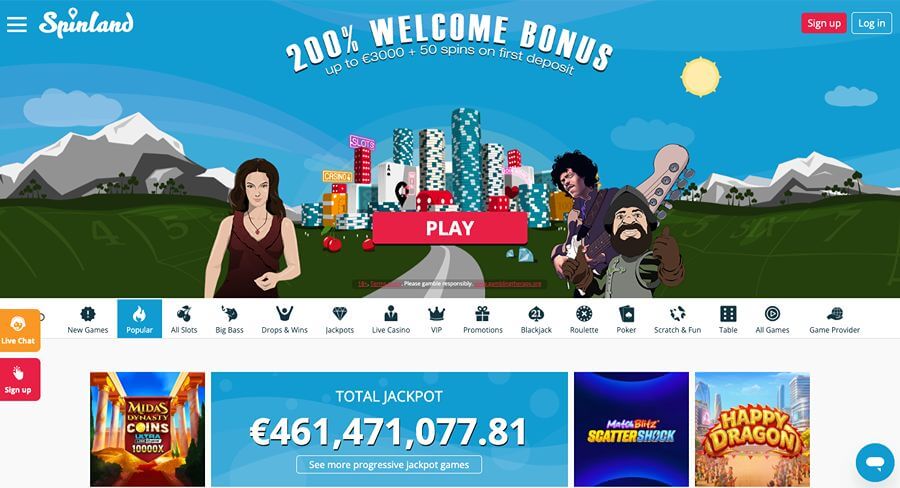 Spinland forside med bonus