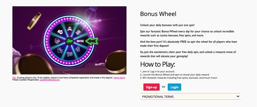 Spinland kampanjeside med blant annet Bonus Wheel