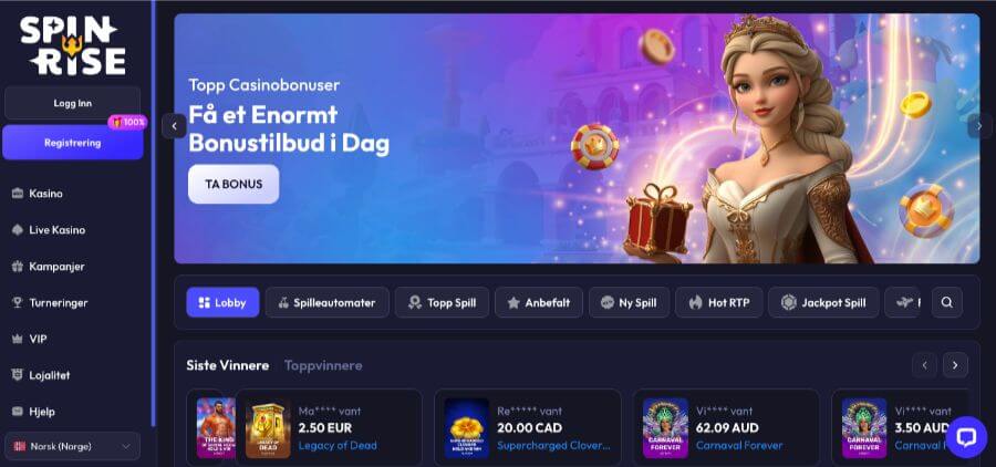 Forsiden til kryptocasinoet Spinrise med en velkomstbonus