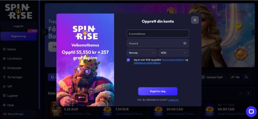 Registrering av en spillekonto hos Spinrise