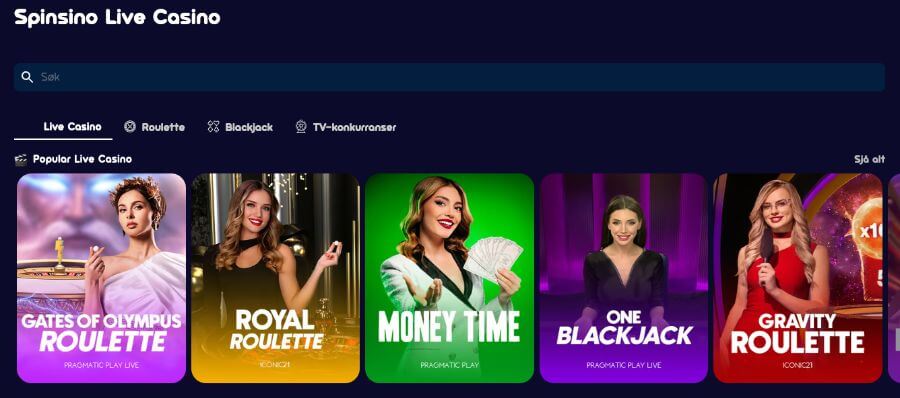 Spinsino har et live casino med klassiske bordspill og live game show-spill
