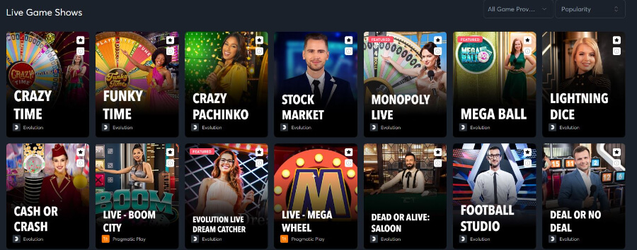 Sportsbet.io har et godt utvalg av livespill i live casinoet som også inkluderer game show-spill
