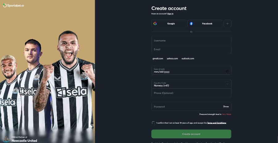 Det er en enkel og rask registrering av spillekonto hos Sportsbet.io