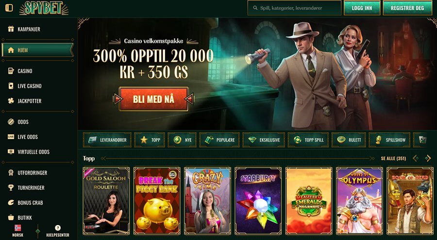 Forside og velkomstbonus på kryptocasinoet Spybet