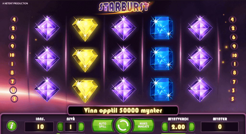 Spilleautomaten Starburst er en klassiker av Netent som det gis ofte free spins uten omsetningskrav på