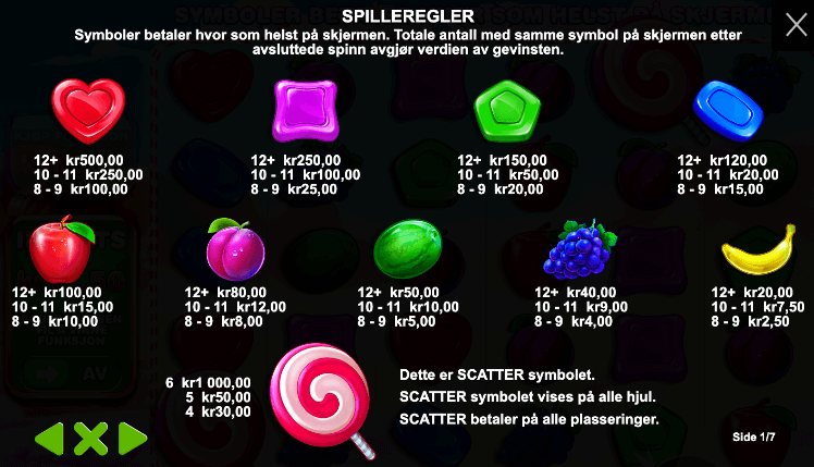 Symboler og utbetalingstabell på spilleautomaten Sweet Bonanza