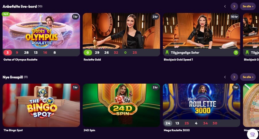 SweetReels har et live casino med klassiske bordspill og live game show-spill