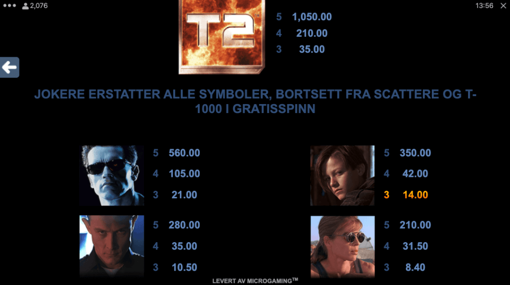 Terminator 2 utbetalingstabell - høye symboler