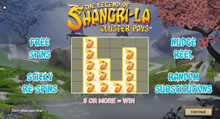 Introbilde på spilleautomaten The Legend of Shangri-La: Cluster Pays fra NetEnt