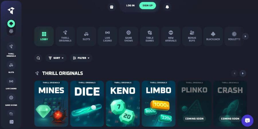 Thrill Casino har en oversiktlig forside