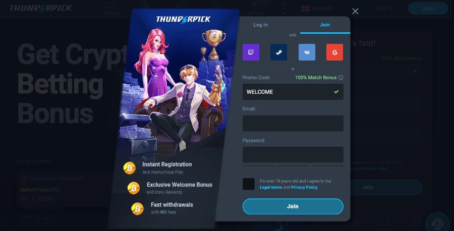 Registrering av en spillekonto hos kryptocasinoet Thunderpick