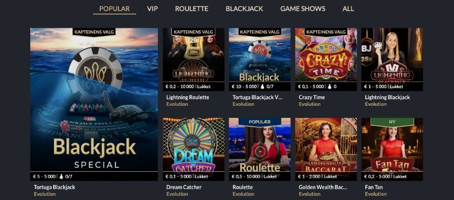 Tortuga har også et live casino med bordspill og game show-spill