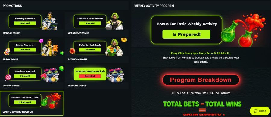 Toxic casino har et slags VIP-program som belønner spillaktiviteten med en bonus