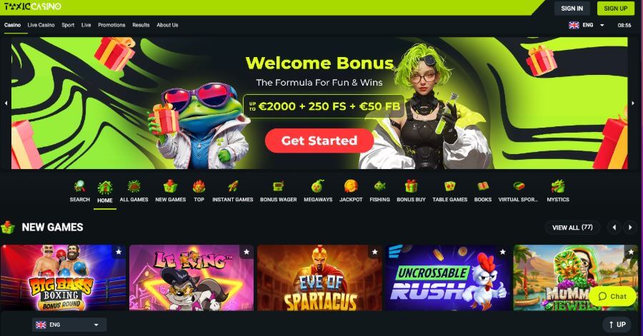 Toxic casino har en forside på engelsk og en stor velkomstbonus