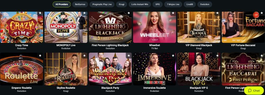 Toxic casino har et live casino med klassiske bordspill og live game show-spill